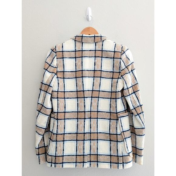 Smythe Portrait Neck Chesterfield Plaid Blazer Sz 8 Check White Brown Blue $695 - Picture 5 of 11